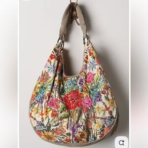 Anthropologie Jasper & Jeera Floral Beaded Boho Slouchy Suede Bag